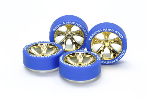 Tamiya Mini 4wd 95098 35th Anniversary Tire and Wheel set Blue and Gold Plate 5-Spoke