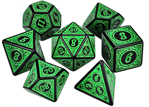 DnD Polyhedral Dice set (7pcs) Carved Green (with Velvet Bag)